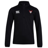 The Superior Rugby Club 1/4 Zip Mid Layer Training Top by EMB Canterbury features black fleece fabric, a Canterbury logo on the right chest, and a red and white stylized "S" emblem on the left.