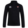 The Superior Rugby Club 1/4 Zip Mid Layer Training Top by EMB Canterbury features black fleece fabric, a Canterbury logo on the right chest, and a red and white stylized "S" emblem on the left.