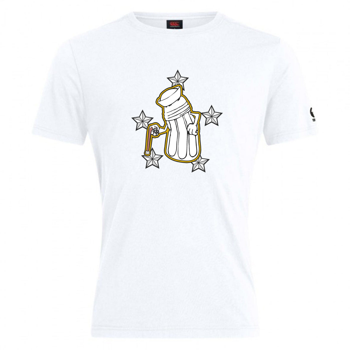 The Five Star Rugby Club Plain Tee by WRS Canterbury features a yellow-outlined golf bag graphic with five black-and-white stars on the front. Made from a soft cotton blend for comfortable all-day wear.