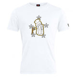 The Five Star Rugby Club Plain Tee by WRS Canterbury features a yellow-outlined golf bag graphic with five black-and-white stars on the front. Made from a soft cotton blend for comfortable all-day wear.