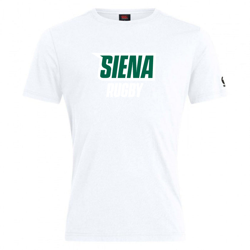 The Siena College Club Plain Tee by WRS Canterbury features "Siena Rugby" in green and white text on a cotton-heavy blend, ensuring comfort.