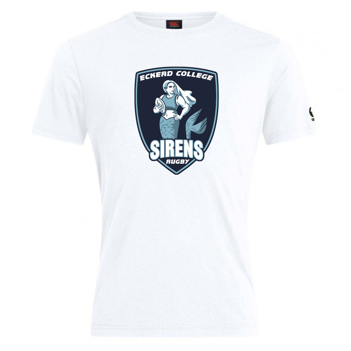 The WRS Canterbury Eckerd College Club Plain Tee by Canterbury is a white cotton blend shirt featuring a large “Eckerd College Sirens Rugby” logo with a mermaid holding a rugby ball on the front—ideal for team pride and comfort.