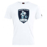 The WRS Canterbury Eckerd College Club Plain Tee by Canterbury is a white cotton blend shirt featuring a large “Eckerd College Sirens Rugby” logo with a mermaid holding a rugby ball on the front—ideal for team pride and comfort.