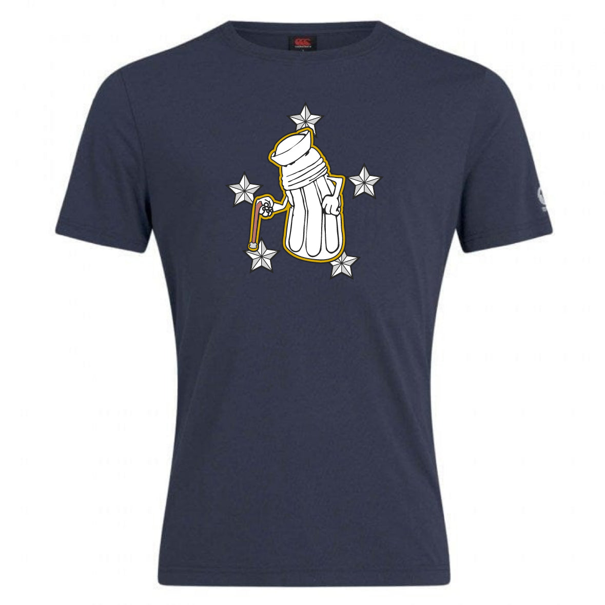 The Five Star Rugby Club Plain Tee by WRS Canterbury is a navy blue cotton blend t-shirt featuring four silver stars, combining comfort with standout style for your everyday look.