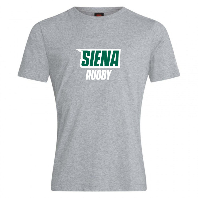 The Siena College Club Plain Tee by Canterbury, from WRS Canterbury, features "Siena Rugby" in green and white on a gray tee made of a cotton-heavy blend for comfort. Show your rugby passion and enjoy this essential Canterbury branding piece.