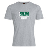 The Siena College Club Plain Tee by Canterbury, from WRS Canterbury, features "Siena Rugby" in green and white on a gray tee made of a cotton-heavy blend for comfort. Show your rugby passion and enjoy this essential Canterbury branding piece.