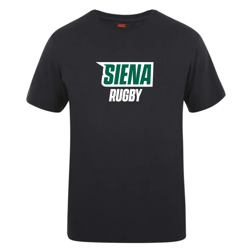 The Siena College Club Plain Tee by Canterbury from WRS Canterbury showcases "Siena Rugby" in bright green and white against a premium cotton-heavy black fabric, offering both comfort and style. Fans can personalize it, elevating this tee beyond a standard CCC Club Plain T-shirt.