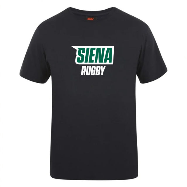 The Siena College Club Plain Tee by Canterbury from WRS Canterbury showcases "Siena Rugby" in bright green and white against a premium cotton-heavy black fabric, offering both comfort and style. Fans can personalize it, elevating this tee beyond a standard CCC Club Plain T-shirt.
