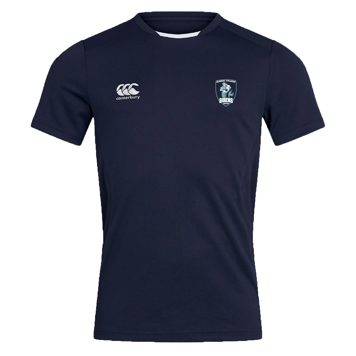 The EMB Canterbury Eckerd College Club Dry Tee is a navy short-sleeve athletic shirt with a white Canterbury logo on the right chest, a seahorse "SIRENS" crest on the left, and breathable Vapodri Technology for moisture control.