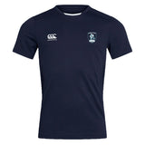 The EMB Canterbury Eckerd College Club Dry Tee is a navy short-sleeve athletic shirt with a white Canterbury logo on the right chest, a seahorse "SIRENS" crest on the left, and breathable Vapodri Technology for moisture control.