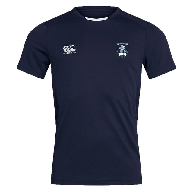 The EMB Canterbury Eckerd College Club Dry Tee is a navy short-sleeve athletic shirt with a white Canterbury logo on the right chest, a seahorse "SIRENS" crest on the left, and breathable Vapodri Technology for moisture control.