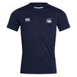 The Play Rugby USA Club Dry Tee by EMB Canterbury is a navy short-sleeve workout shirt with the "Canterbury" logo on the left chest and "Play Rugby" logo on the right, made with Vapodri Technology for breathable comfort.
