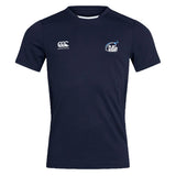 The Play Rugby USA Club Dry Tee by EMB Canterbury is a navy short-sleeve workout shirt with the "Canterbury" logo on the left chest and "Play Rugby" logo on the right, made with Vapodri Technology for breathable comfort.