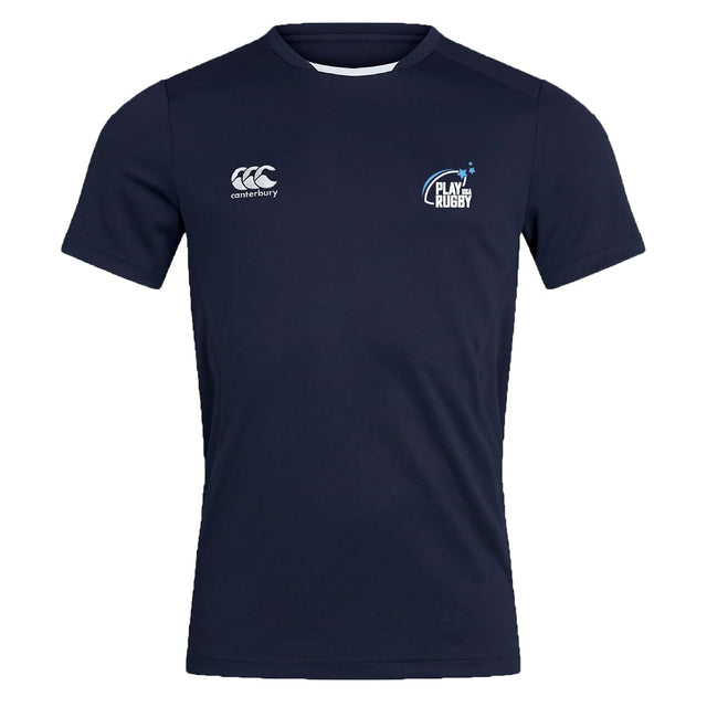 The Play Rugby USA Club Dry Tee by EMB Canterbury is a navy short-sleeve workout shirt with the "Canterbury" logo on the left chest and "Play Rugby" logo on the right, made with Vapodri Technology for breathable comfort.
