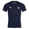 The Play Rugby USA Club Dry Tee by EMB Canterbury is a navy short-sleeve workout shirt with the "Canterbury" logo on the left chest and "Play Rugby" logo on the right, made with Vapodri Technology for breathable comfort.