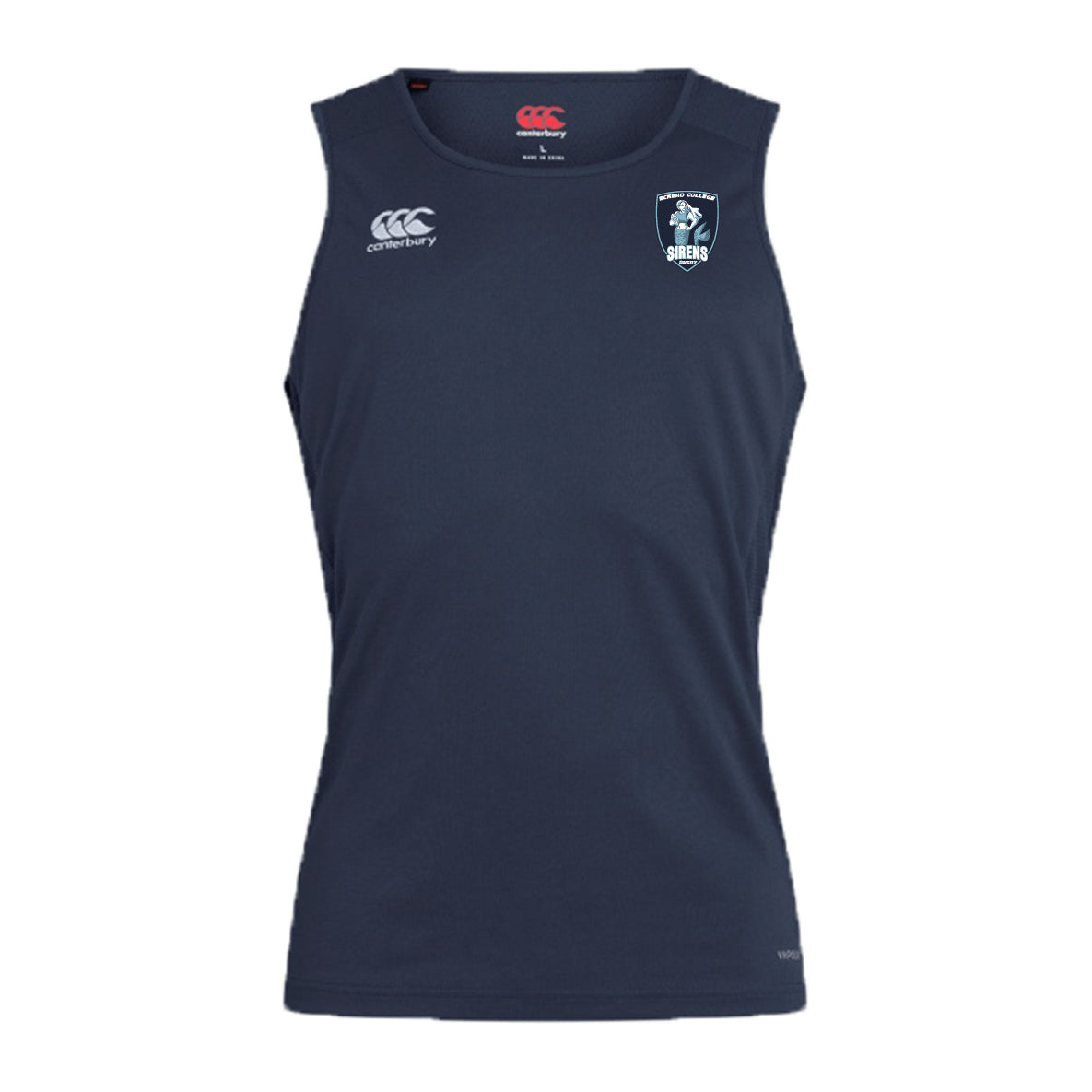 Sleeveless navy blue Eckerd College Club Dry Singlet by EMB Canterbury with team and EMB Canterbury logos on the chest—ideal athletic gear for top performance.