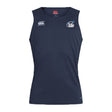 The Play Rugby USA Club Dry Singlet by EMB Canterbury is a sleeveless navy athletic top with "Canterbury" and "Play Rugby" logos, featuring Vapodri Technology for comfort—ideal sports gear.