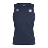 The Play Rugby USA Club Dry Singlet by EMB Canterbury is a sleeveless navy athletic top with "Canterbury" and "Play Rugby" logos, featuring Vapodri Technology for comfort—ideal sports gear.