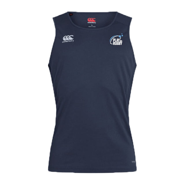 The Play Rugby USA Club Dry Singlet by EMB Canterbury is a sleeveless navy athletic top with "Canterbury" and "Play Rugby" logos, featuring Vapodri Technology for comfort—ideal sports gear.