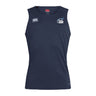 The Play Rugby USA Club Dry Singlet by EMB Canterbury is a sleeveless navy athletic top with "Canterbury" and "Play Rugby" logos, featuring Vapodri Technology for comfort—ideal sports gear.