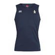 The Five Star Rugby Club Dry Singlet by EMB Canterbury is a sleeveless navy blue athletic tank with two small white chest logos—one brand and one penguin—featuring advanced Vapodri Technology for ideal athletic performance.