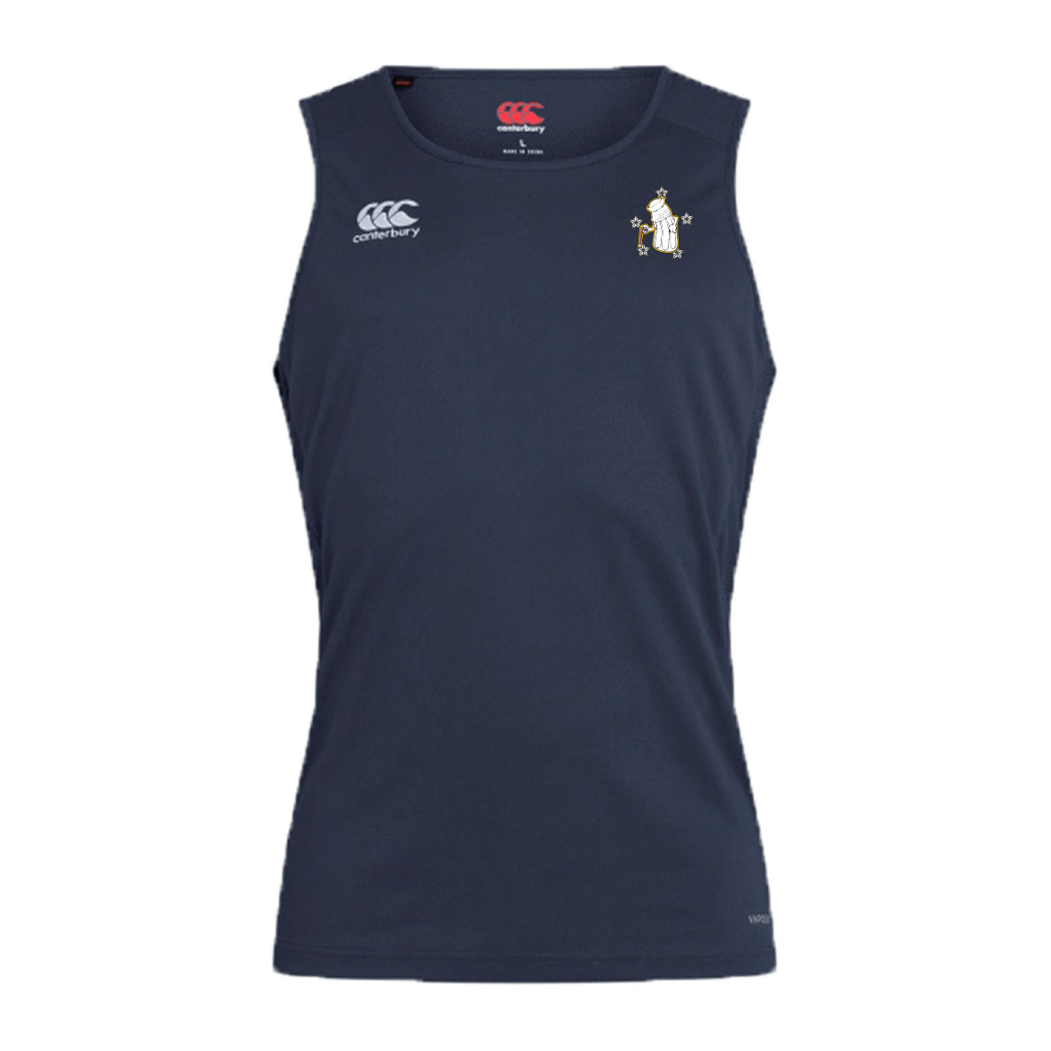 The Five Star Rugby Club Dry Singlet by EMB Canterbury is a sleeveless navy blue athletic tank with two small white chest logos—one brand and one penguin—featuring advanced Vapodri Technology for ideal athletic performance.