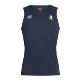 The Five Star Rugby Club Dry Singlet by EMB Canterbury is a sleeveless navy blue athletic tank with two small white chest logos—one brand and one penguin—featuring advanced Vapodri Technology for ideal athletic performance.