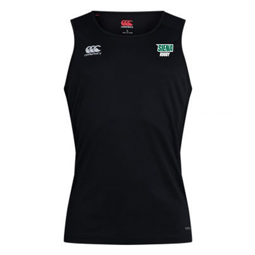 The Siena College Club Dry Singlet by EMB Canterbury is a black sleeveless sports vest featuring the Canterbury logo and "Siena Rugby" text, enhanced with Vapodri Technology for breathability and comfort—ideal for any Canterbury enthusiast.