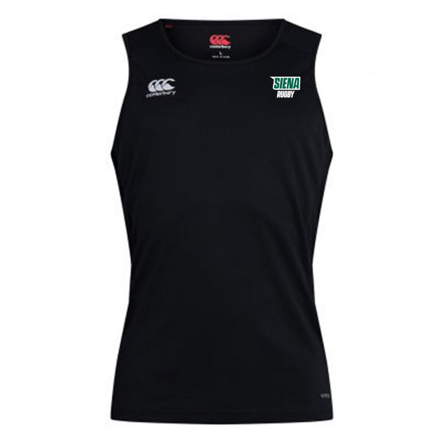 The Siena College Club Dry Singlet by EMB Canterbury is a black sleeveless sports vest featuring the Canterbury logo and "Siena Rugby" text, enhanced with Vapodri Technology for breathability and comfort—ideal for any Canterbury enthusiast.