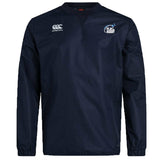 The EMB Canterbury Play Rugby USA Club Vaposhield Contact Top is a navy blue long-sleeve rugby training top featuring logos on both chests and Vaposhield technology for enhanced performance.