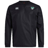 The Siena College Club Vaposhield Contact Top by EMB Canterbury is a black long-sleeve rugby jacket featuring the "Canterbury" logo on the left and the "Siena Rugby" emblem on the right chest, made with Micro Diamond ripstop fabric and VapoShield for durability and water resistance.