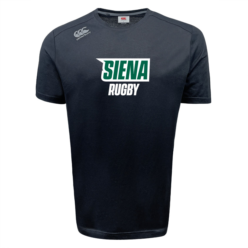 The Siena College Tempo VapoDri T-Shirt by WRS Canterbury features "Siena Rugby" in white and green on a black fabric, CCC branding on the shoulder, and uses VapoDri technology for optimal moisture-wicking, making it ideal for casual outings or intense workouts.