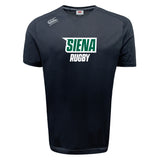 The Siena College Tempo VapoDri T-Shirt by WRS Canterbury features "Siena Rugby" in white and green on a black fabric, CCC branding on the shoulder, and uses VapoDri technology for optimal moisture-wicking, making it ideal for casual outings or intense workouts.