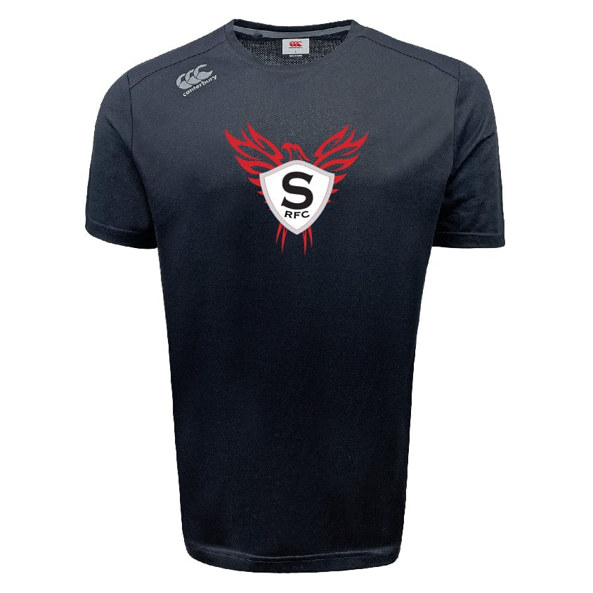 The WRS Canterbury Superior Rugby Tempo Vapodri T-Shirt is a black short-sleeve tee with a red and white phoenix emblem, "S RFC" on the chest, and Canterbury logo on the right shoulder. VapoDri tech ensures moisture-wicking comfort during play.