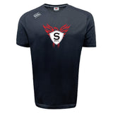 The WRS Canterbury Superior Rugby Tempo Vapodri T-Shirt is a black short-sleeve tee with a red and white phoenix emblem, "S RFC" on the chest, and Canterbury logo on the right shoulder. VapoDri tech ensures moisture-wicking comfort during play.