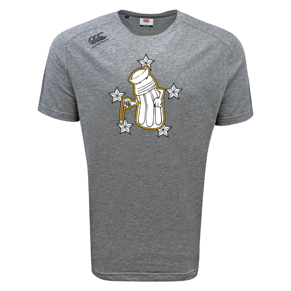 The Five Star Rugby Tempo Vapodri T-Shirt by WRS Canterbury is a grey, moisture-wicking sports tee with a foaming beer mug and five silver stars graphic on the front, blending playful style and classic comfort.