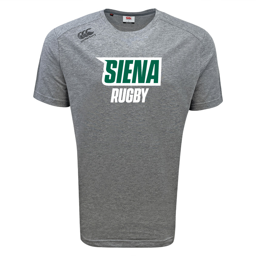 The Siena College Tempo Vapodri T-Shirt by WRS Canterbury features "Siena Rugby" text, shoulder logos, and CCC branding. Designed with VapoDri technology for optimal moisture-wicking and comfort during play.