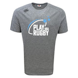 The Play Rugby USA Tempo Vapodri T-Shirt by WRS Canterbury features "PLAY RUGBY USA" text, a blue front graphic, and Canterbury logo on the shoulder—designed for athletic performance, comfort, and style.