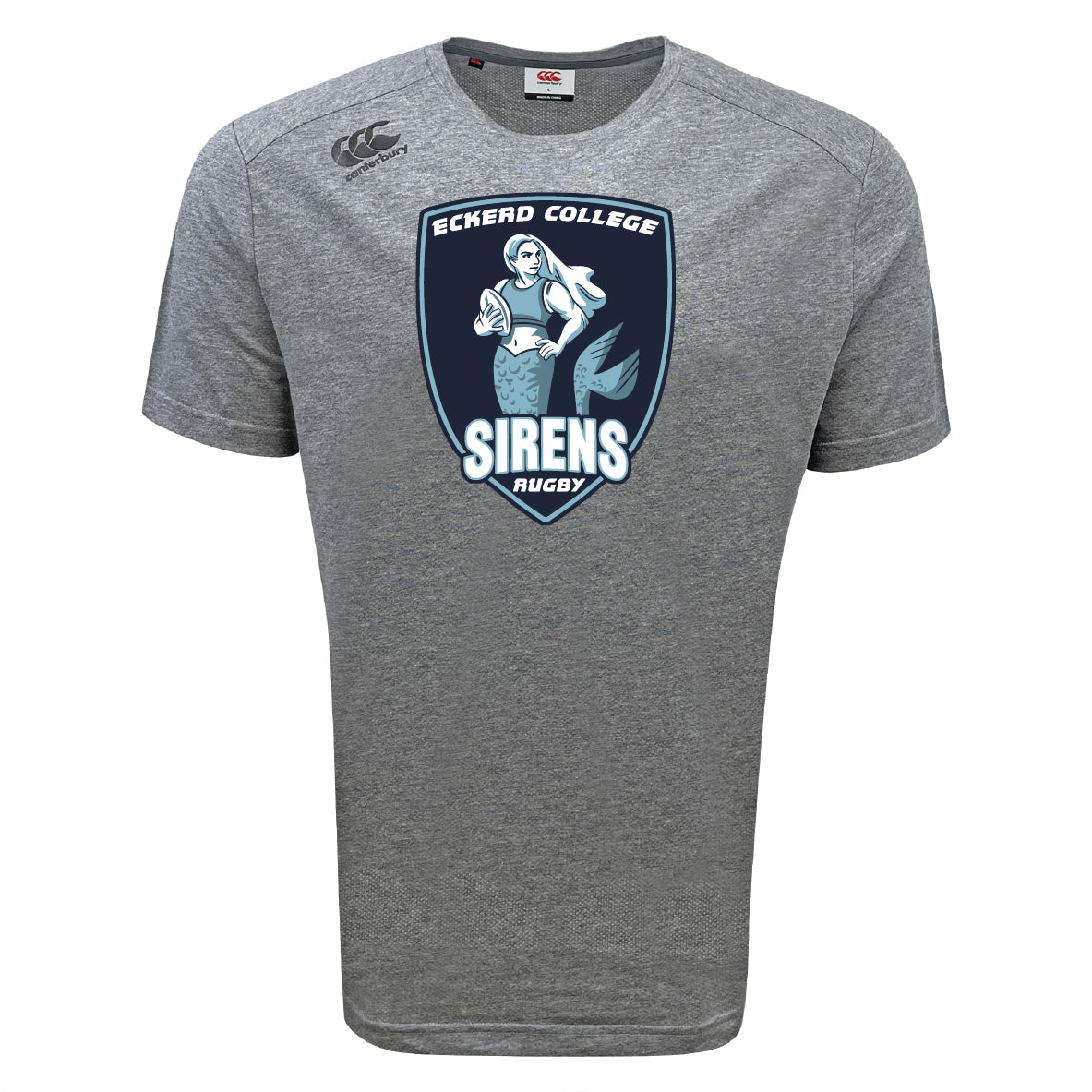 The Eckerd College Tempo Vapodri T-Shirt by WRS Canterbury features a front Sirens Rugby mermaid logo and moisture-wicking VapoDri technology for comfort on and off the field.