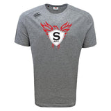 The WRS Canterbury Superior Rugby Tempo Vapodri T-Shirt features a grey short sleeve design, red and white phoenix and shield "S RFC" logo on the front, VapoDri moisture-wicking tech, and a small Canterbury logo on the right shoulder.