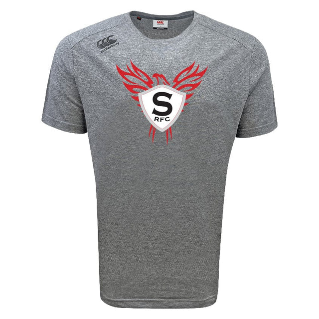 The WRS Canterbury Superior Rugby Tempo Vapodri T-Shirt features a grey short sleeve design, red and white phoenix and shield "S RFC" logo on the front, VapoDri moisture-wicking tech, and a small Canterbury logo on the right shoulder.