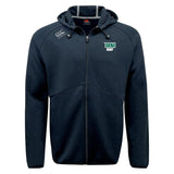 The Siena College Tempo Vapodri Full-Zip Hoodie by EMB Canterbury has the "Siena Rugby" logo on the left chest, a white emblem on the right shoulder, moisture-wicking VapoDri tech, Canterbury branding, a front zipper, and a drawstring hood for superior comfort.