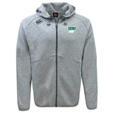 The Siena College Tempo Vapodri Full-Zip Hoodie by EMB Canterbury is a gray hoodie featuring a hood, adjustable drawstrings, "Siena Rugby" logo on the chest, a small emblem on the shoulder, and Canterbury branding. It uses VapoDri technology for moisture-wicking comfort.