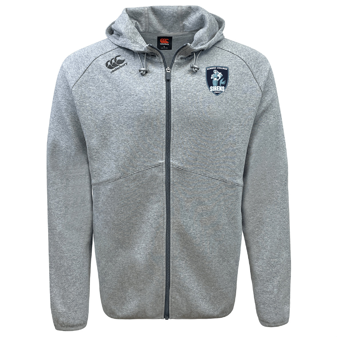 Light grey Eckerd College Tempo VapoDri Full-Zip Hoodie by EMB Canterbury with a drawstring hood, Canterbury logo on the right chest, Sibers crest on the left, and advanced moisture wicking for all-day comfort.