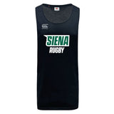 The Siena College Tempo Vapodri Singlet by WRS Canterbury is a black sleeveless workout top with "Siena Rugby" in green and white text, designed with VapoDri technology for peak performance.
