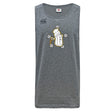 The WRS Canterbury Five Star Rugby Tempo Vapodri Singlet is a gray, sleeveless athletic shirt featuring a white-gloved hand with a magnifying glass and five stars, made from recycled polyester for eco-friendly comfort.