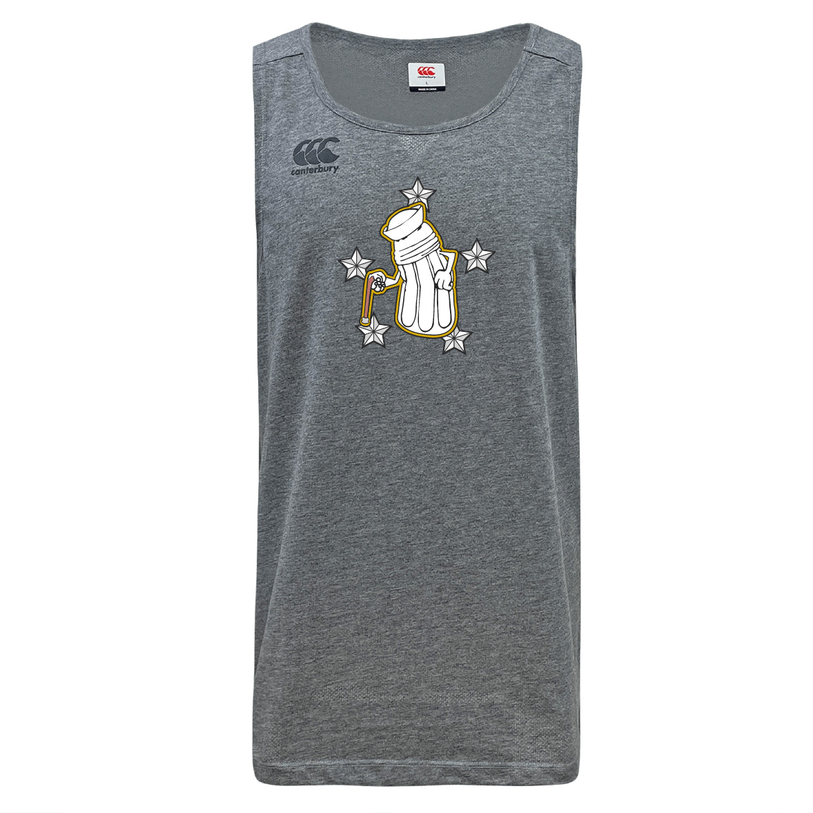 The WRS Canterbury Five Star Rugby Tempo Vapodri Singlet is a gray, sleeveless athletic shirt featuring a white-gloved hand with a magnifying glass and five stars, made from recycled polyester for eco-friendly comfort.