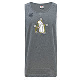 The WRS Canterbury Five Star Rugby Tempo Vapodri Singlet is a gray, sleeveless athletic shirt featuring a white-gloved hand with a magnifying glass and five stars, made from recycled polyester for eco-friendly comfort.