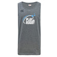 The Play Rugby USA Tempo Vapodri Singlet by WRS Canterbury is a gray sleeveless top with "PLAY RUGBY USA" and blue swoosh on the front, Canterbury logo on the left shoulder, made from recycled polyester with moisture-wicking VapoDri tech.
