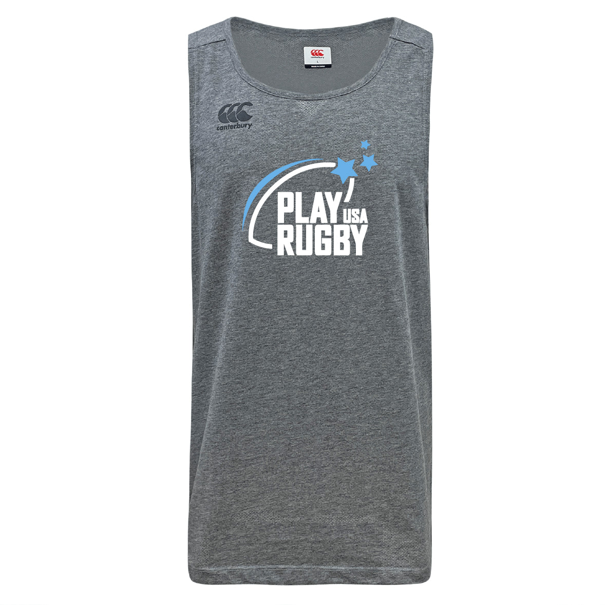 The Play Rugby USA Tempo Vapodri Singlet by WRS Canterbury is a gray sleeveless top with "PLAY RUGBY USA" and blue swoosh on the front, Canterbury logo on the left shoulder, made from recycled polyester with moisture-wicking VapoDri tech.